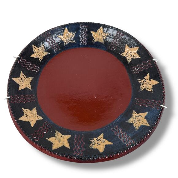 Eldreth Pottery Redware Plate 10.5" Brown Blue Stars & Geometric Signed 1999 - Picture 1 of 7
